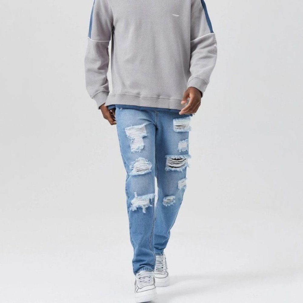 Mens Ripped Frayed Tapered Jeans - Picture 2 of 5
